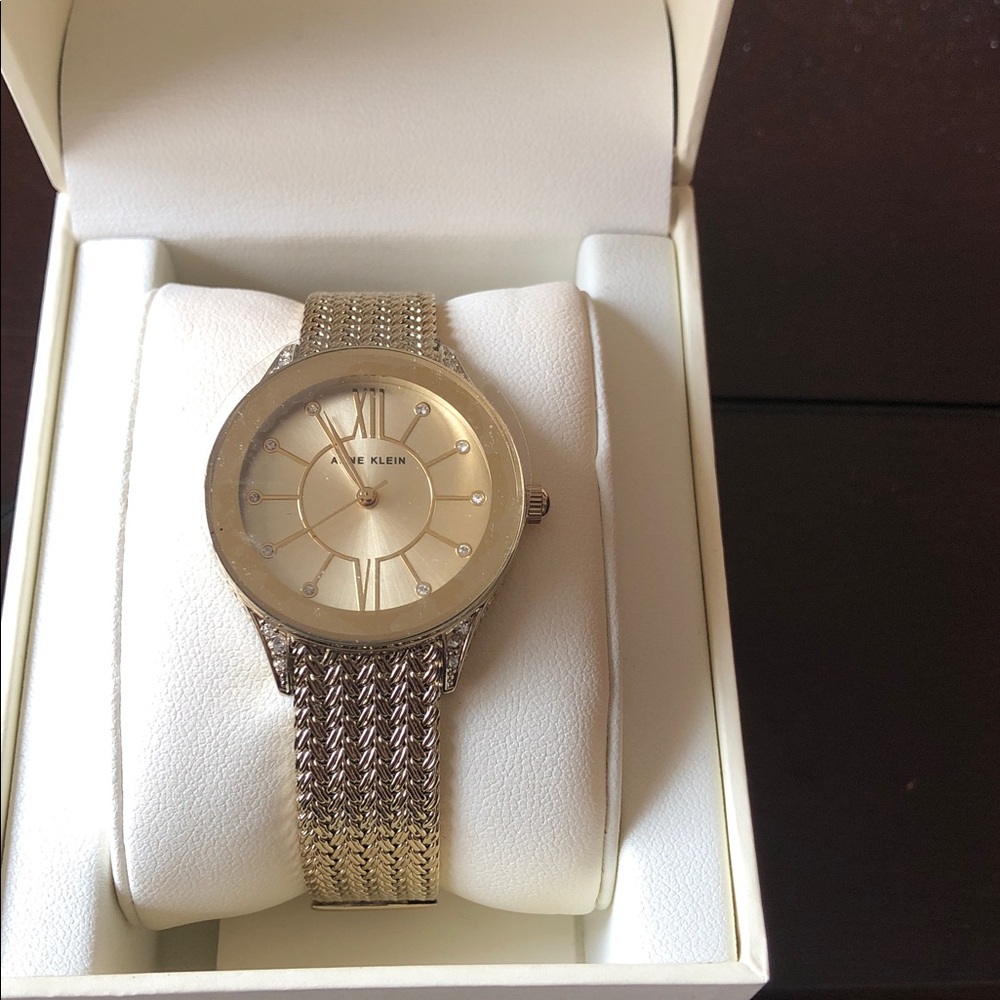 Brand New Anne Klein Gold Mesh Bracelet Watch with Crystal Accents